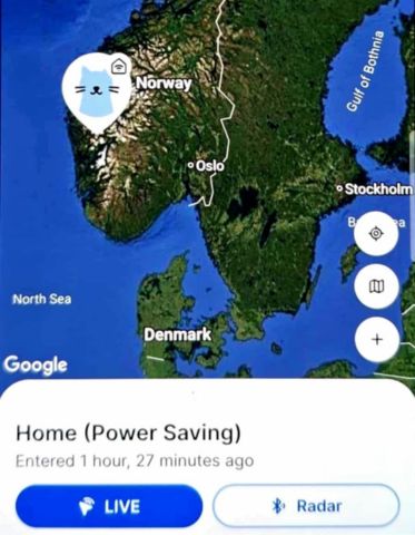 Screenshot of Batman the cat’s Tractive GPS map showing his location in Norway.