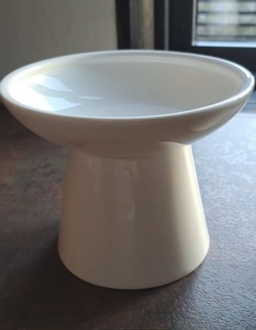 Minimalist white ceramic cat bowl designed to be whisker-friendly.